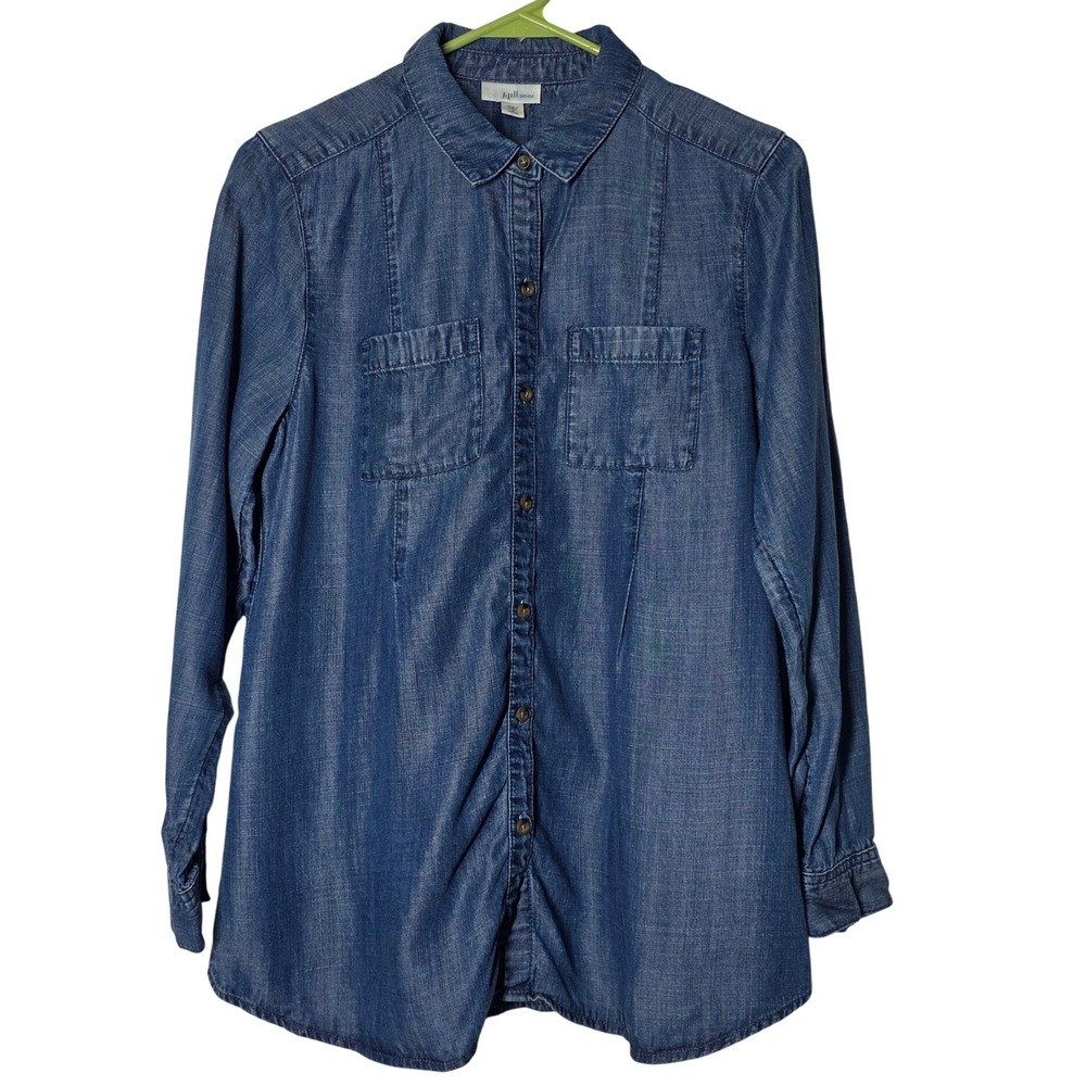 J. Jill Denim Tencel Lyocell Button Down Shirt Blue S Petite Long Sleeve Pocket